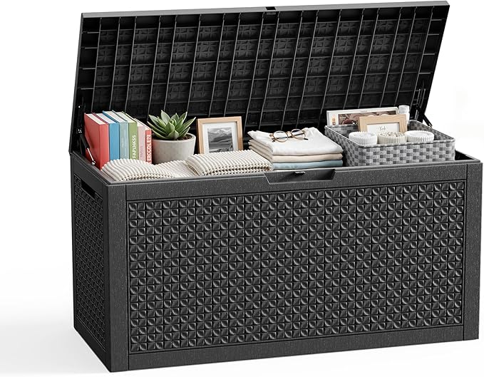 PatioZen 110 Gallon Resin Deck Box, Lockable Patio Outdoor Storage Box for Furniture, Garden Tools and Tools Storage, Waterproof Outside Storage Boxes - Patterned black