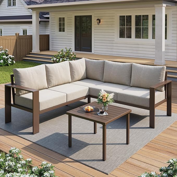 UDPATIO 6 Piece Patio Furniture Set, Metal Outdoor Sectional Sofa with 6" Thick Olefin Cushions, Wide Armrest & Coffee Table, L Shaped Outdoor Furniture for Garden, Backyard Beige