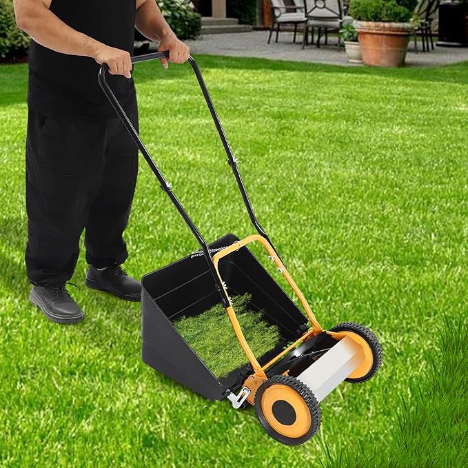 14" Lawnmower, 5 Blade Wheeled Lawn Mower with 0.47-1.65 in Adjustable Mowing Height Hand Push Lawn Mowers with Grass Catcher for Leaves and Grass