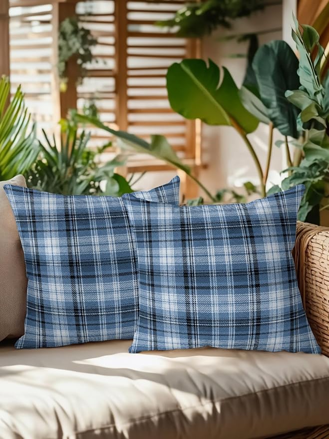 Waterproof Outdoor Pillow Set of 2 Blue Checked Plaid Decorative Throw Pillows Cover & Insert 16x16 Inch Pillowcase Stripes Woven Grid Square Pillows for Couch Sofa Bed Patio Furniture Indoor Outdoor