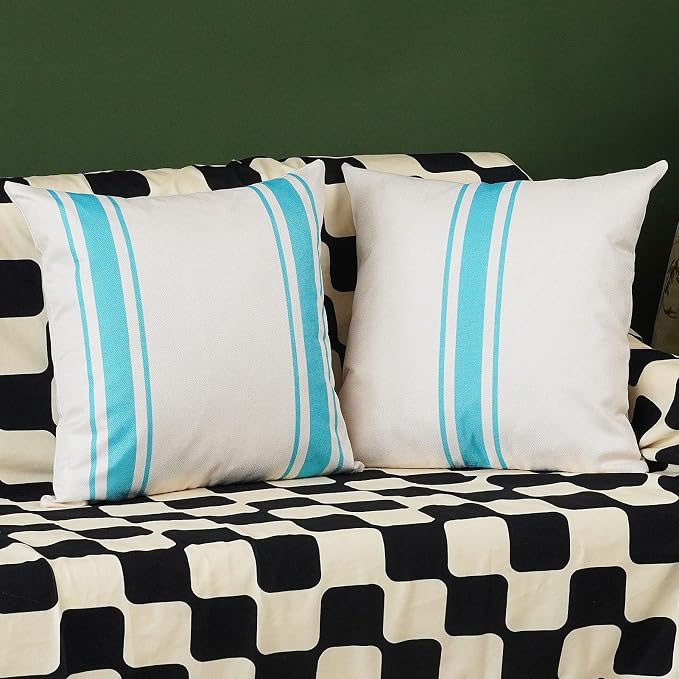 ONWAY Outdoor Pillow Covers Waterproof 18x18 Set of 2 Decorative Linen Throw Pillow Cover Beige and Blue Striped Outdoor Pillows for Patio Furniture