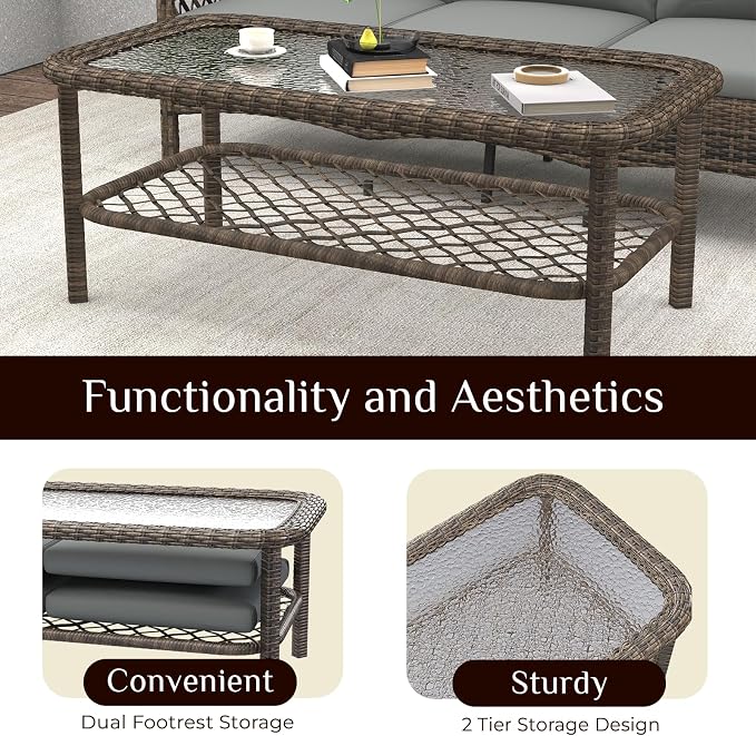 AECOJOY Patio Furniture Set Outdoor Sectional Sofa Couch and High Back Swivel Rocker Patio Chairs 6PCS Brown Wicker Conversation Set (Dark Grey, 6PCS- Whole Set)