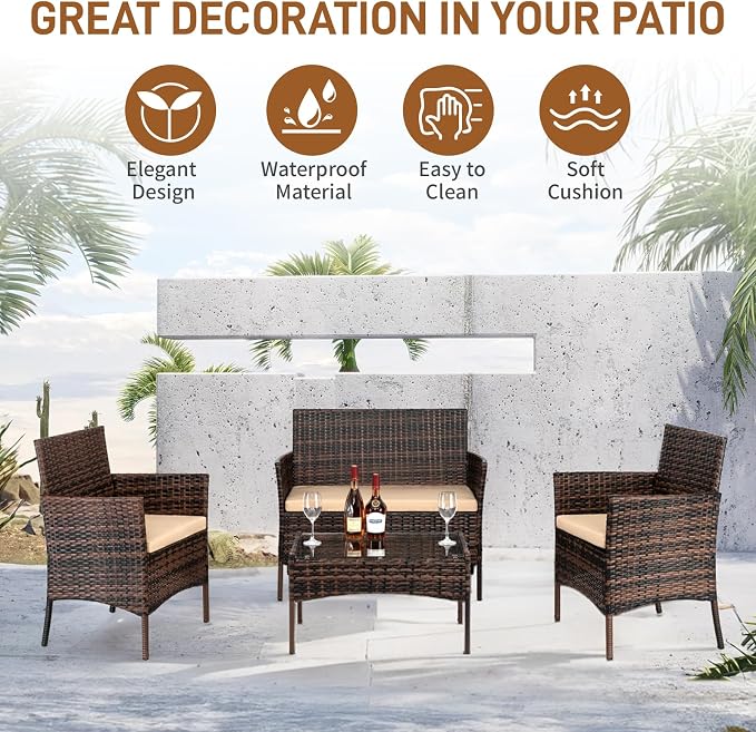 Outvita 4 Pieces Patio Furniture Set, Rattan Conversation Sets with Loveseat Soft Cushion and Glass Table for Garden Backyard Balcony Porch Poolside(Brown Gradient)