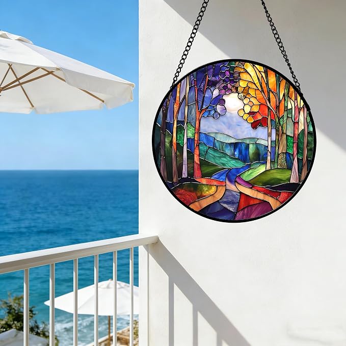 DASTOLL Stained Glass Window Hanging, Colorful Forest Landscape Tree Suncatcher for Doors Window Home Abstract Sun Catchers Decoration Mother's Day Birthday Gifts for Women, Men, and Mom 11.8 in