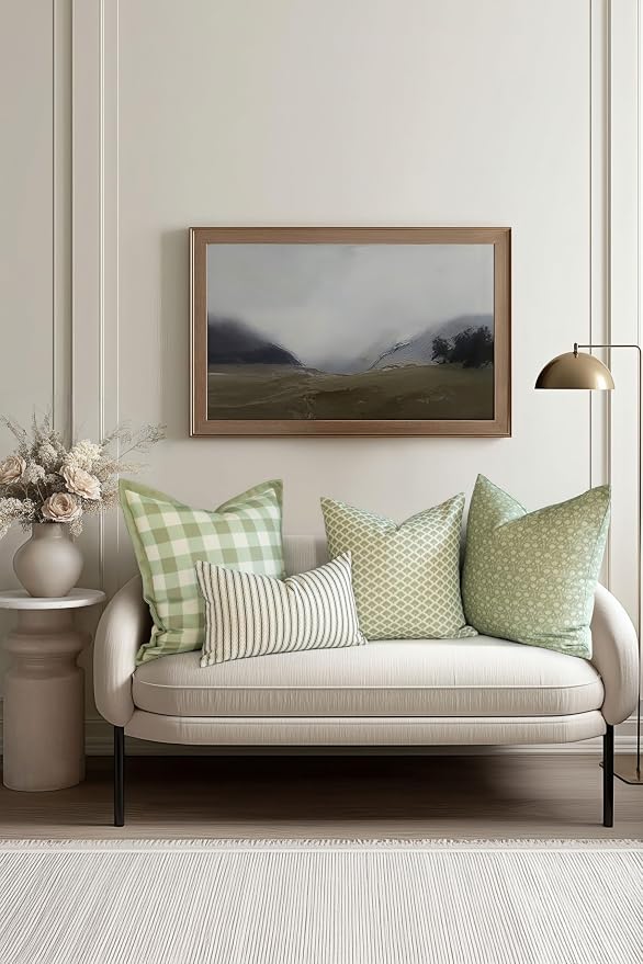 Modern Farmhouse California Casual Indoor Outdoor Lumbar Pillow Cover, 12"x20" Water Repellent for Patio, Backyard, Couch, Poolside, Oliver Green Print Wave Stripes