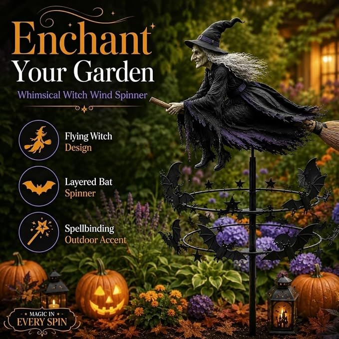 The Enchanted Witch Garden Wind Spinner, Metal Halloween Yard Art Outdoor Decor, Outdoor Garden Stake Decoration, Halloween Lawn Ornament, for Garden Patio Pathway Fall Decorations (1PCS)