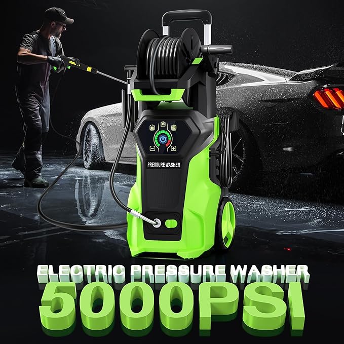 Fenbeli 𝟓𝟎𝟎𝟎𝐏𝐒𝐈 𝐏𝐫𝐞𝐬𝐬𝐮𝐫𝐞 𝐖𝐚𝐬𝐡𝐞𝐫 Portable Washer Cleaner with 4 Quick Connect Nozzles for Car Driveway Patio Fence (Green)