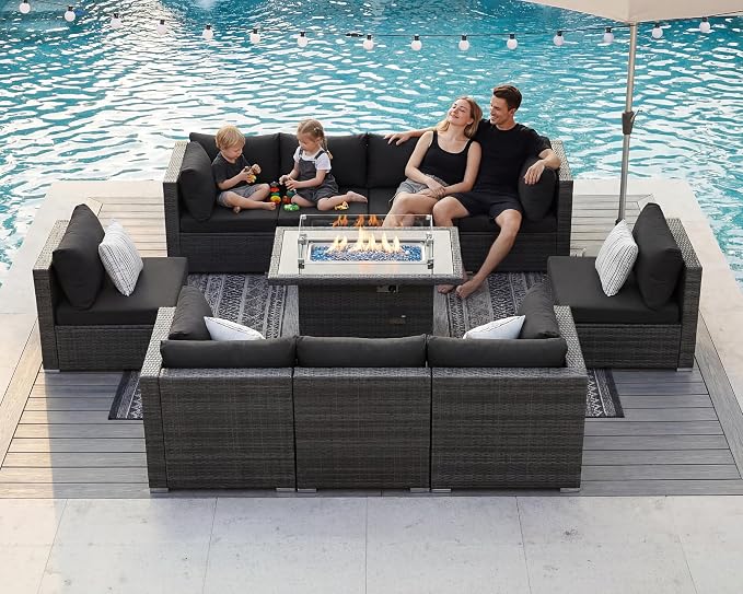 BULEXYARD 9 Piece High Back Outdoor Sectional Seating with Fire Pit Table, Heavy Duty Sturdy Wicker Patio Set Conversation Couch Sofa, Extra Wide Deep Large 8-Person Deck Furniture Set, Grey & Black