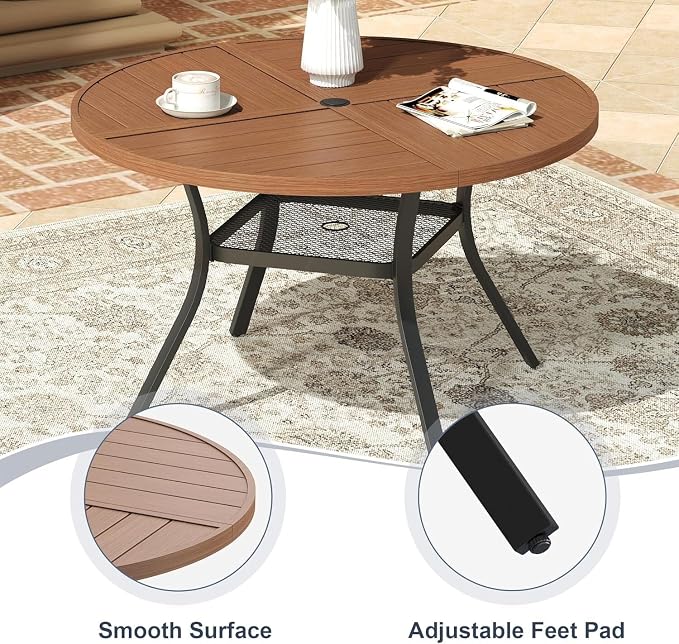 VICLLAX 5 Pieces Patio Outdoor Dining Set, 4 Swivel Textilene Chairs and 47.2" Round Metal Table with Umbrella Hole for Porch, Deck, Garden, Walnut/Brown