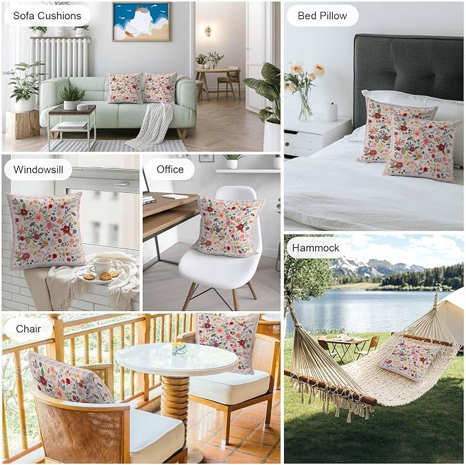 Vandarllin Outdoor Throw Pillows Covers 18x18 inch Set of 2 Waterproof Pink Floral Decorative Zippered Cushion Covers for Patio Furniture, Farmhouse Vintage Flower Lumbar Pillowcases