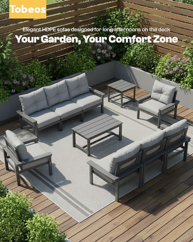 HDPE 7 Piece Patio Furniture Set, All-Weather Outdoor Couch Set with Thick Cushions & Table & Umbrella, Patio Conversation Sets for Lawn, Garden, Porch, Balcony, Deck, Poolside, Grey & Grey