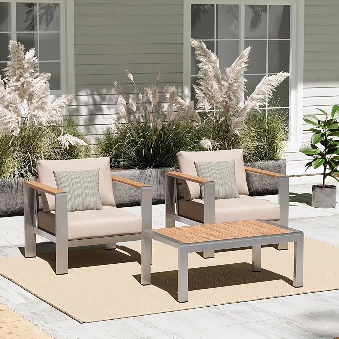 Aluminum Outdoor Sofa Bistro Set, 3 Piece Outdoor Patio Furniture Set with Washable Thick Cushion, Patio Sectional Furniture Set for Porch, Balcony, Deck, Yard, Silver
