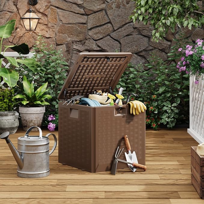 28 Gallon Outdoor Storage Box, Large Resin Deck Box with Lockable Lid & UV Resistant, All-Weather Deck Box for Patio Furniture, Pool Accessories, Gardening Tools, Brown