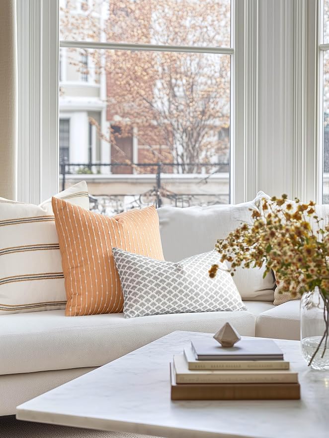 Modern Farmhouse Fall Linen Indoor Outdoor Throw Pillow Cover Only, 22"x22" Water Repellent for Patio, Backyard, Couch, Neutral Honey Mustard Embroidered Stripes