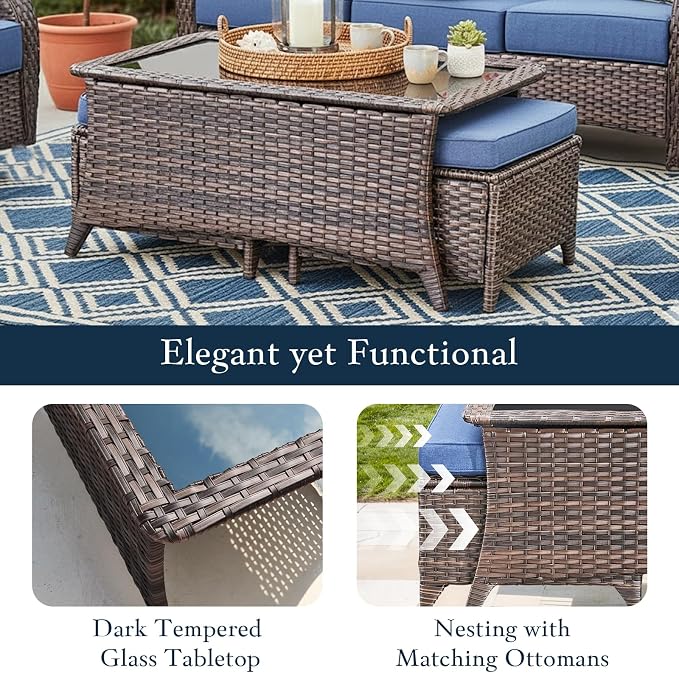 Luxury High Back Outdoor Furniture with 6-inch Extra Thick Cushions, Patio Furniture Set with Swivel Chairs, 10 PCS Wicker Conversation Set for Yard, Deck, Poolside, Brown/Blue