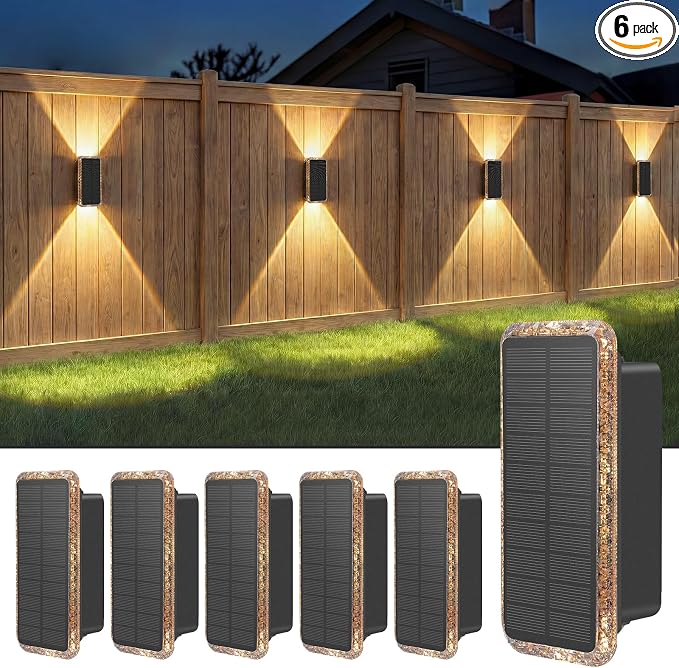 Solar Fence Lights Outdoor 6 Pack, 5CCT(3000K-6000K) Up and Down Solar Wall Lights, IP65 Waterproof Dusk to Dawn Wood Fence Lights Solar Powered for Patio, Porch, Backyard, Garage, Wall Decor