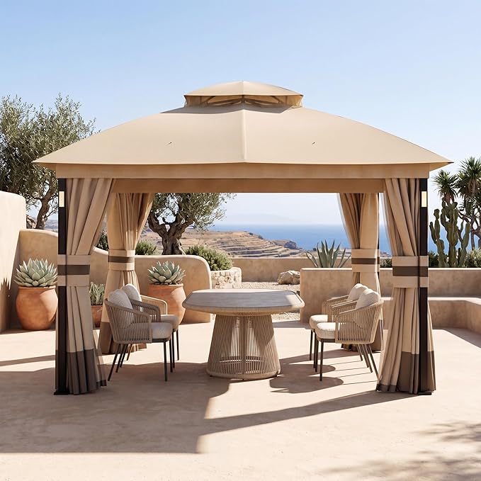 Covered Outdoor Patio Gazebo 10'x12' with LED Lights & Bluetooth Speaker, Heavy Duty Outdoor Canopy Shelter with Metal Frame, Double Roofs, Soft Top Gazebo with Netting and Curtains, Khaki