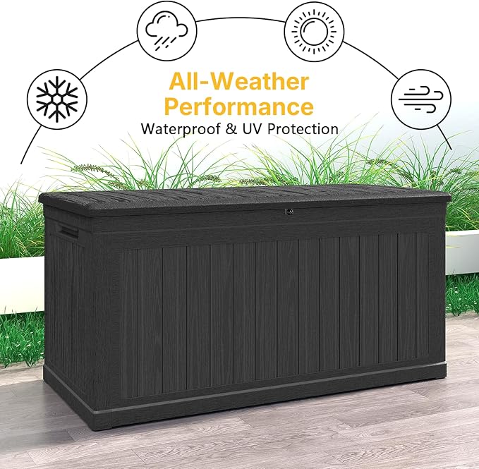 Skepphlay 260 Gallon Deck Box Large Outdoor Storage Box, Waterproof Pool Storage Cushion Boxes Bin, 440 lbs Load Capacity Black Outdoor Storage Bench for Garden, Patio