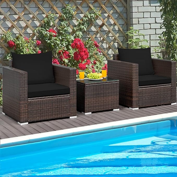 Patio Conversation Set Outdoor, 3-Piece Rattan Wicker Furniture Set with Water-Resistant Cushion & Tempered Glass Tabletop, Patio Furniture Set for Balcony, Porch, Poolside (Black)