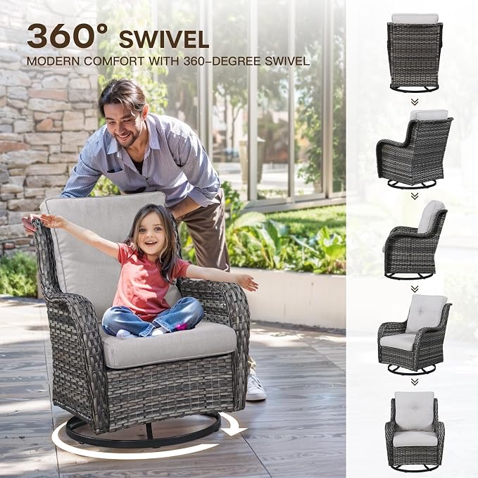 Patio Loveseat Glider Set, Resin Wicker Loveseat Glider with 2 Swivel Patio Chiars and Coffee Table, 4 Piece Patio Bistro Set Furniture Set Loveseat Set, Grey Wicker | Grey Cushions