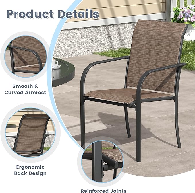 VICLLAX 7 Pieces Patio Outdoor Dining Set, 50" Round Metal Table with Umbrella Hole and 6 Stackable Textilene Chairs for Lawn, Garden, Porch, Black/Brown