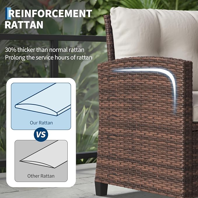 IDEALHOUSE 3-Piece Outdoor Patio Furniture Set, PE Rattan Wicker Conversation Chairs with Tempered Glass Side Table and Removable Cushions, Balcony, Porch & Garden Seating Set, Brown+Beige Cushion
