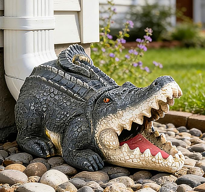 Teaeeno Alligator Decor Statue Gutter Downspout Extension Decorative,Crocodile Gutter Animal Statue Outdoor Decor,3"×4" Rain Gutter Downspout Splash Block,Garden Splash Block Outdoor Sculpture (Black)