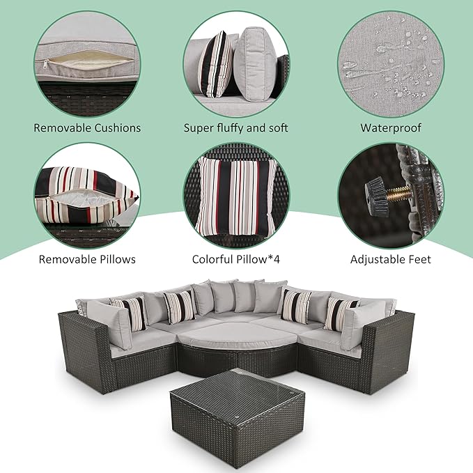 7-Piece Outdoor Wicker Sofa Set, Rattan Sofa Lounger with Striped Pillows, Gray Cushion, Conversation Sofa Set with Coffee Table, for Patio, Garden, Deck (Brown Wicker+Gray Cushion-@A)