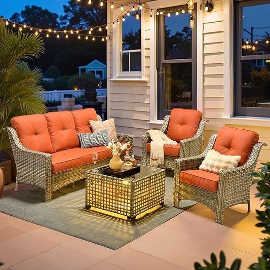 ovios 4 Piece Outdoor Patio Furniture with 3 Seat Sofa,Rattan Wicker Coversation Set with High Back,Sectional Single Sofa with Ottoman for Outside Porch Balcony Backyard Pool, Red
