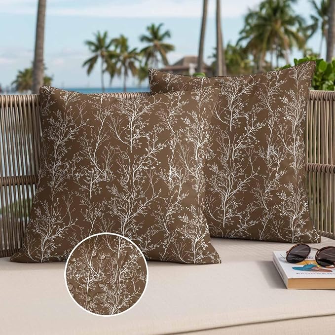 Brown Branches Waterproof Outdoor Pillow Covers Set of 2 Home Decor, Abstract Art Leaves Plant Pillowcase Patio Pillow Covers for Couch Bench Patio Furniture Garden 16x16in