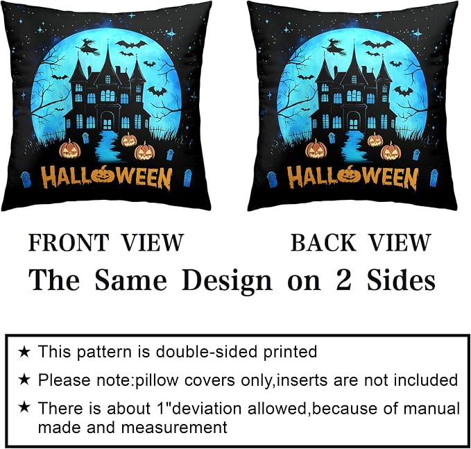 Halloween Pillow Covers 16x16 Set of 2 Witch Castle Throw Pillow Covers Horror Full Moon Night Pillow Case Bat Ghost Pumpkin Cushion Case for Holiday Party Home Decor Couch Sofa
