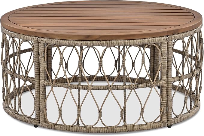 Boho 4 Person Outdoor Seating Group with Wicker and Acacia Wood Table, Patio Conversation Set with Removable Cushions, 4 Piece Outdoor Couch Set for Garden, Backyard, Poolside, Beige