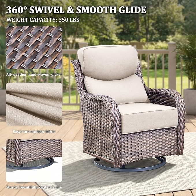 Luxury Swivel Rocker Chairs Set with 6" Thick Cushion - Wicker Outdoor Swivel Rocker Patio Chair High Back Comfortable Outdoor patio furniture set Glider Chairs set - Brown Wicker | Beige Cushions