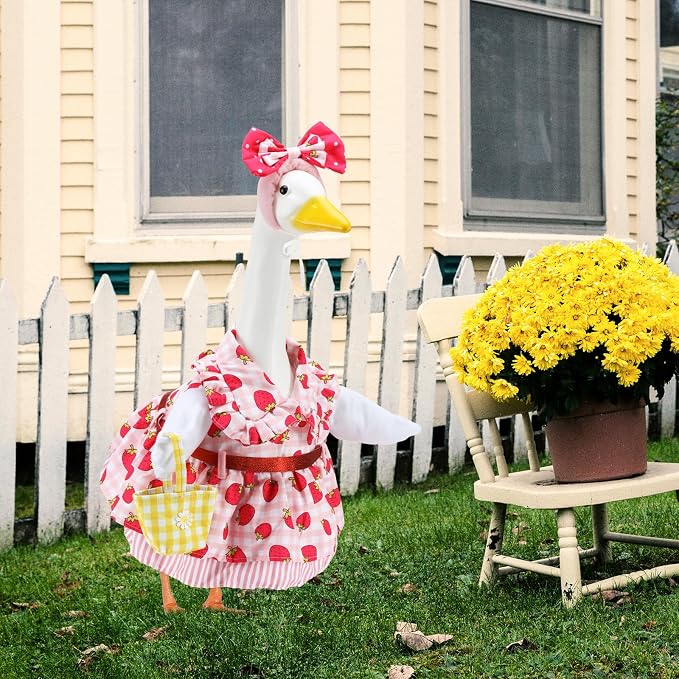 Summer Porch Goose Outfits for 23 Inch Lawn Statue | Strawberry Gril with Basket Costume for Plastic/Cement Statue, Spring Duck Sculpture Clothes for Yard Patio Party Decoration