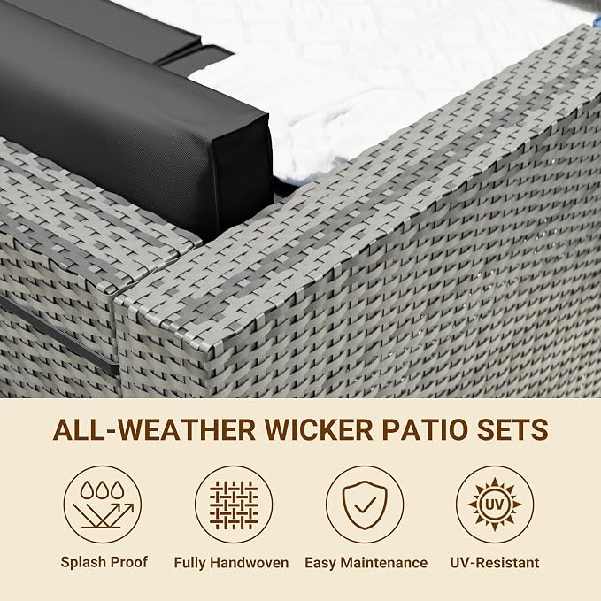Patio Furniture Set with 44'' Propane Gas Firepit Table, 8 PCS Modular Outdoor Sectional Conversation Sets, All-Weather Wicker Patio Set for Backyard, Black (Waterproof Covers Included)