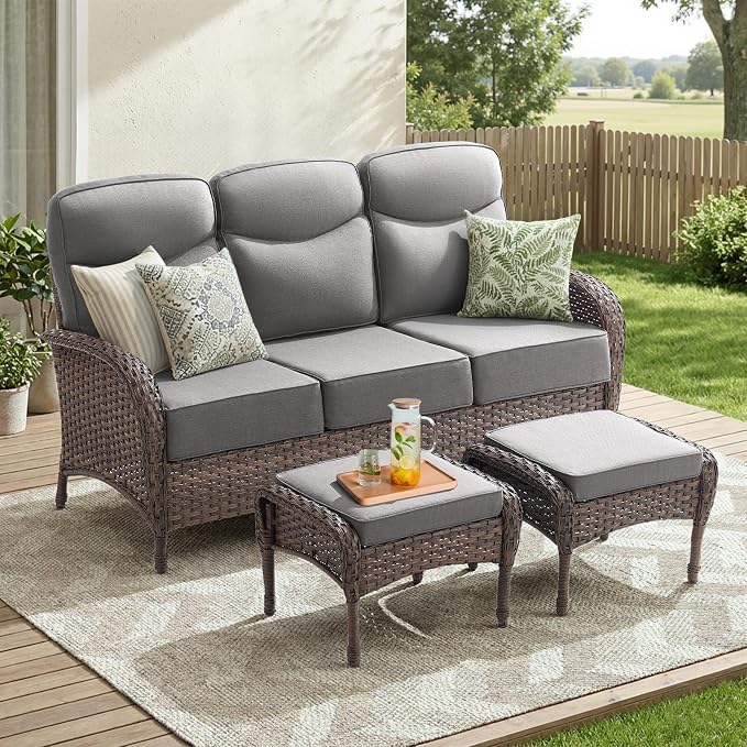3 Pieces Luxury Patio Furniture Sofa Set with 6-Inch Thick Cushions, Outdoor Wicker Patio Furniture Covered Couch with Multifunctional Ottoman, Patio Conversation Set for Porch Garden, Grey