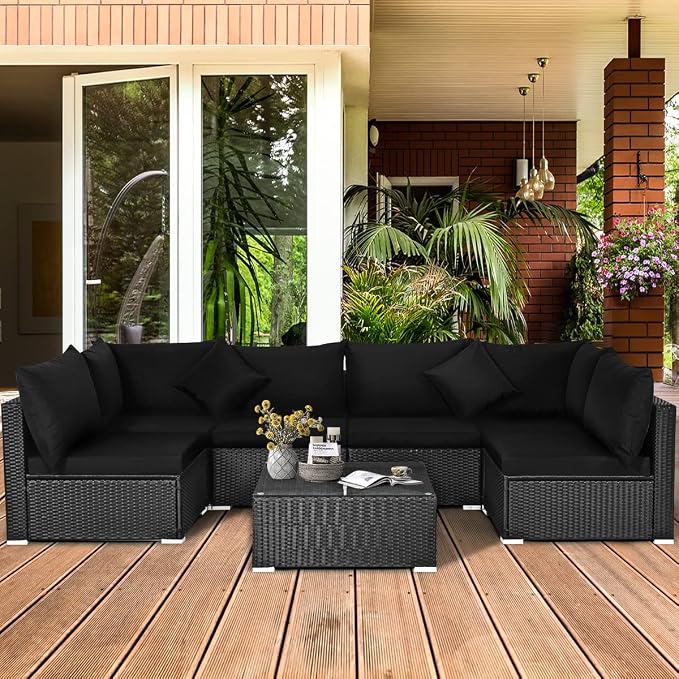 COSTWAY 7 Pieces Patio Furniture Set, Outdoor Rattan Conversation Set with 6 Seats, Coffee Tea Table, Soft Cushions, Wicker Patio Sectional Sofa for Garden Balcony Porch Poolside, Black