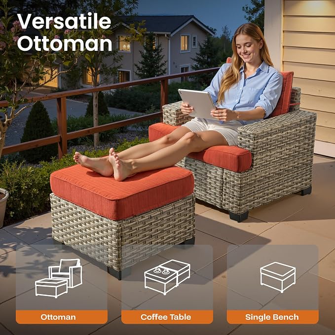 ovios 7 Piece Patio Sectional Furniture, Rattan Wicker Coversation Couch Set, Outdoor Sofa Set for Outside Porch Balcony Backyard Pool,Orange