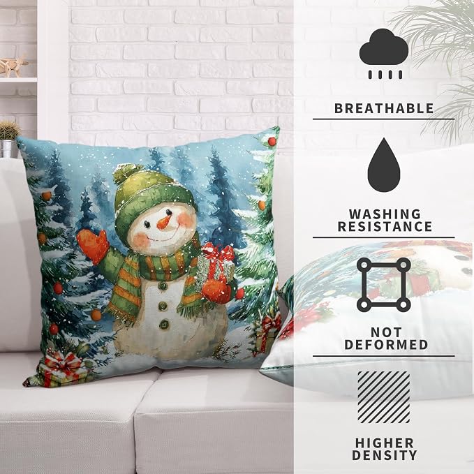 Lovely Green and Red Snowman Pillow Covers Christmas Throw Pillow Covers 20x20 Set of 2 Winter Xmas Tree Pine Forest Pillowcase Holiday Cushion Case for Couch Sofa