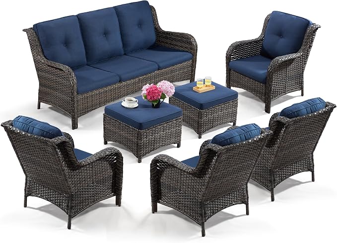 Wicker Patio Furniture Sets 7 Piece Set with One 3-Seat Sofa, 4 WIkcer Chairs, 2 Ottomans, Wicker Outdoor Furniture Set Patio Conversation Set, Blue