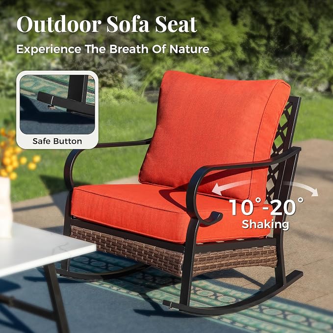 MIXPATIO Patio Furniture Set with Coffee Table, Outdoor Conversation Set with 2 x Rocking Chair, 1 x 2-Seat Sofa for Lawn Garden Backyard, Red