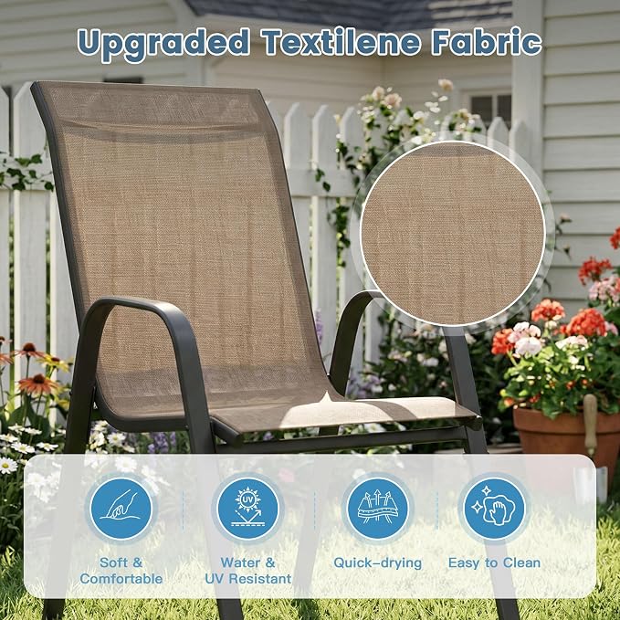 DIFY 9 Piece Outdoor Dining Set, 53" Walnut Round Metal Patio Table and Brown Textilene Stackable Chairs for 8, All Weather Patio Furniture Set with Umbrella Hole for Backyard Garden Deck