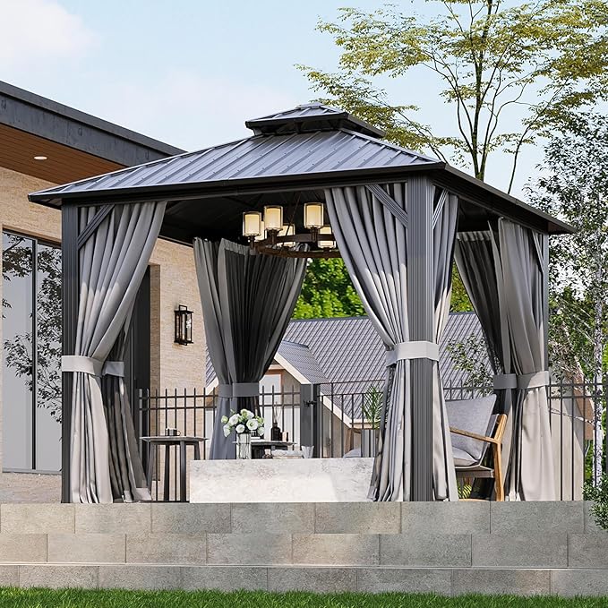 10x10FT Hardtop Gazebo, Metal Frame with Double Galvanized Steel Roof, Permanent Outdoor Pergola with Curtains and Netting Included for Backyard, Patio, Lawn and Garden, Gray