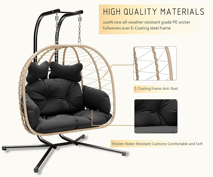 Double Indoor/Outdoor Wicker Swing Egg Chair Hammock Foldable Hanging Loveseat with Stand, UV Resistant Removable Cushions, 700LBS Capacity