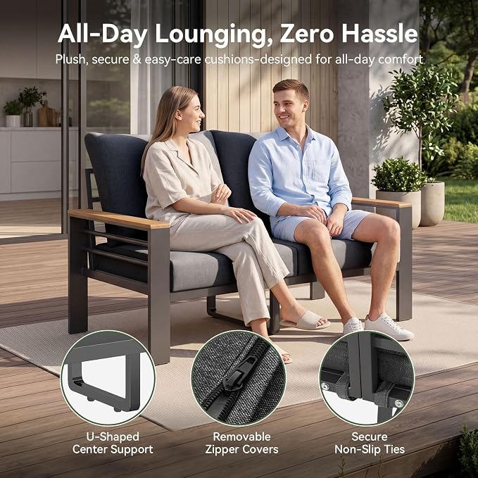 Aoxun Patio Furniture Set, 4 Piece Aluminum Patio Sets with 5" Thicken & Washable Cushion, Waterproof Outdoor Furniture with Coffee Table, Outdoor Couch Sectional for Backyard, Porch and Garden