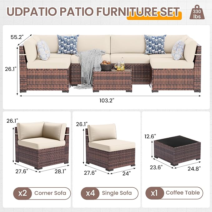 UDPATIO Patio Furniture Set, 7 Pieces Outdoor Sectional Sofa with 105°Slanted Back, Modular Rattan Conversation Set for Poolside, Backyard, Deck, with Coffee Table, Khaki