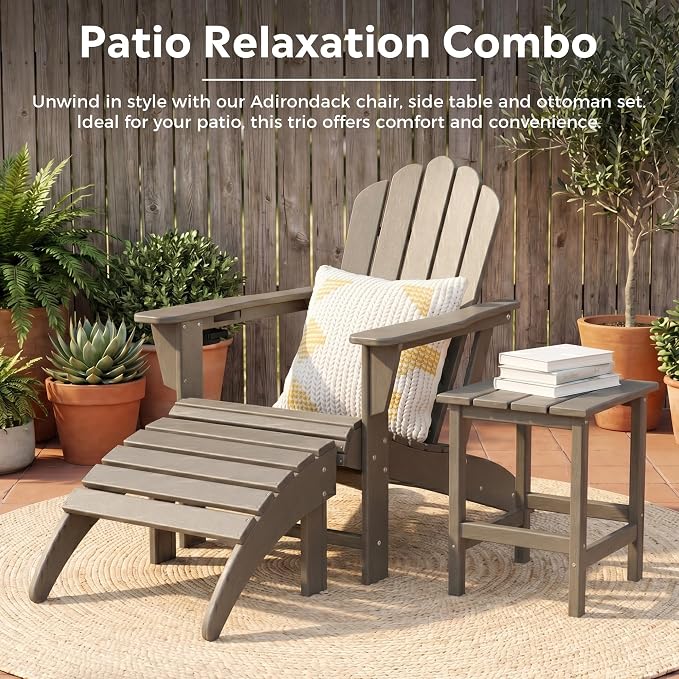 Costaelm Lakeview 2-Piece Outdoor Patio HDPE Adirondack Chair with Ottoman and Cup Holder Set, Weathered Wood