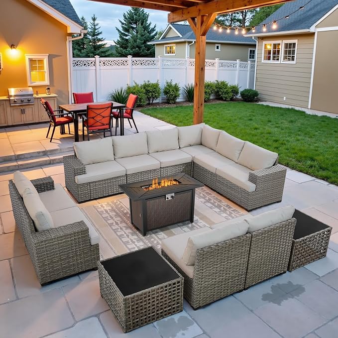 Belord Patio Conversation Set - 10-Seater Modular Wicker Outdoor Sectional Sofa Set, High Back Patio Furniture Sets with Glass Coffee Table for Outdoor Gatherings