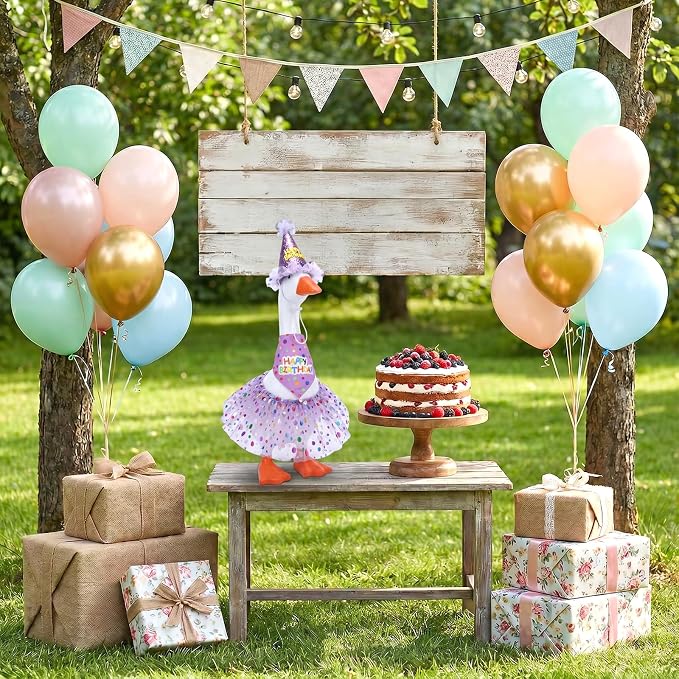 Porch Goose Outfits, Birthday Goose Outfits with Glitter Tutu Skirt, Birthday Hat and Bandana Valentine Porch Gooses Outfit for 23" 17" Outdoor Statue Patio Yard Lawn Art(Purple)