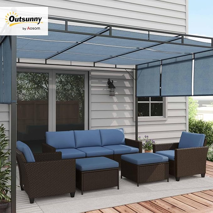 Outsunny 5 Piece Patio Furniture Set with Cushions, Outdoor Conversation Set with Rattan 3-Seater Sofa, Chairs & Footstools for Backyard, Lawn and Pool, Deep Coffee